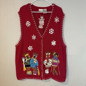 Vintage White Stag Christmas Sweater Vest Size 18w/20w Skiing Reindeer Red Women